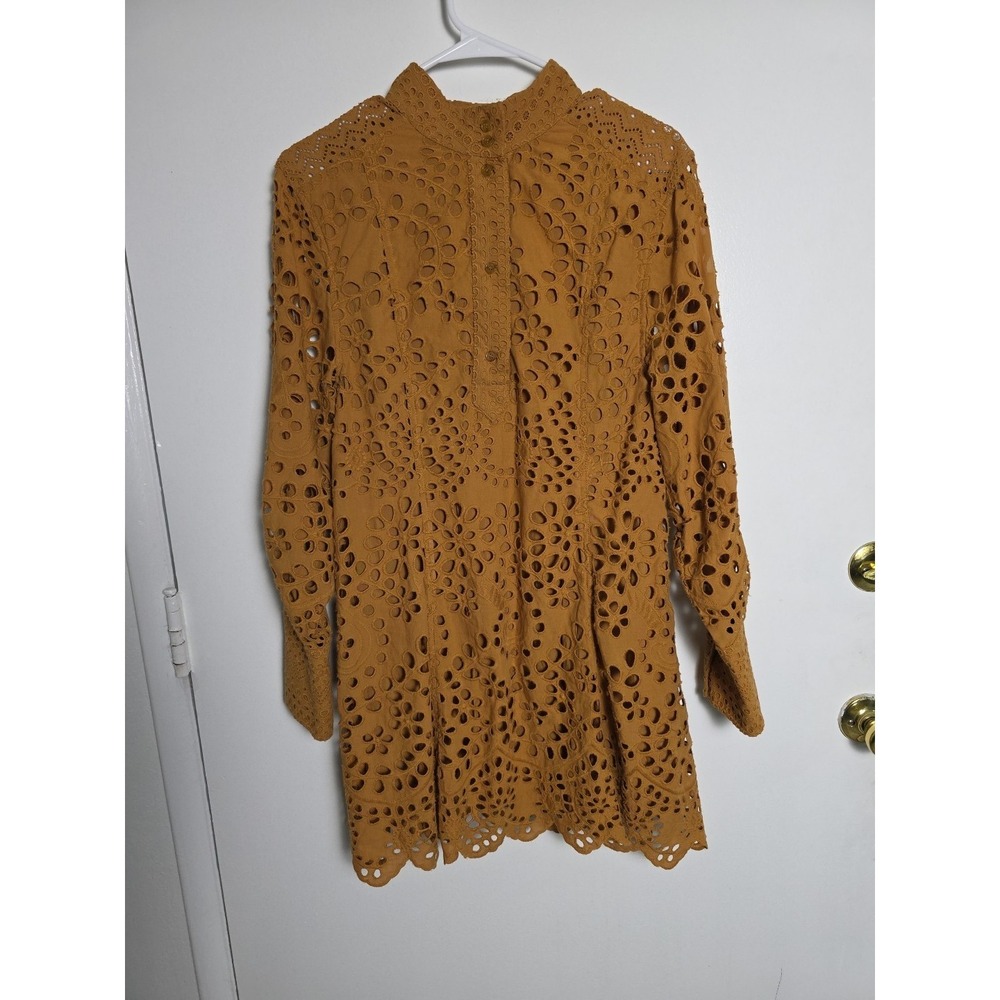 H&M Womens Eyelet Dress Brown Long Sleeve Pullover Size S Knee Length 100 Cotton
